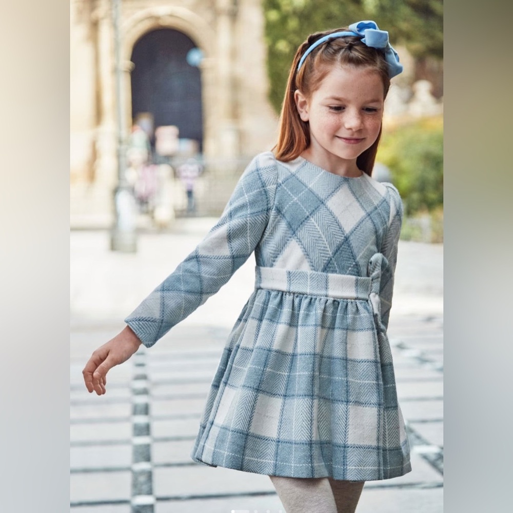 Mayoral Girls Bluebell Plaid Bow Holiday Dress Size 5